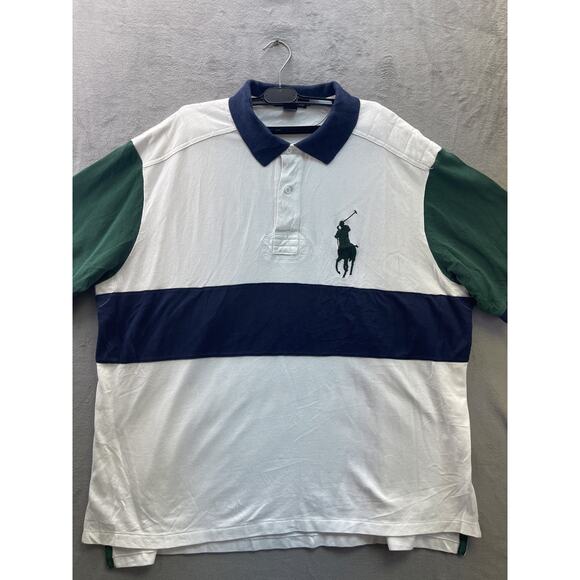 Polo Ralph Lauren Shirt Mens 2XB Big Pony White Navy Embroidered Numbered Stripe - Picture 1 of 13